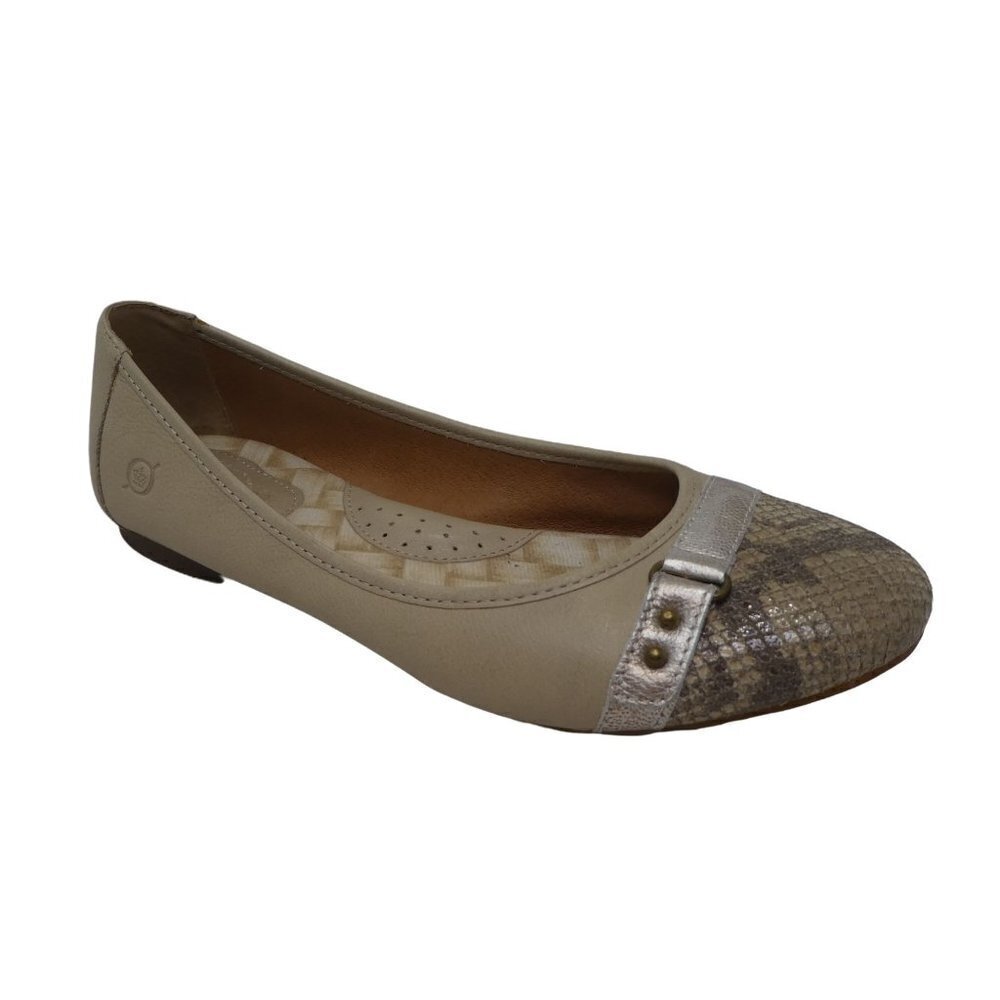 Born Masia Ballet Flats Womens 8 Beige Leather Snakeskin Comfort Cap Toe